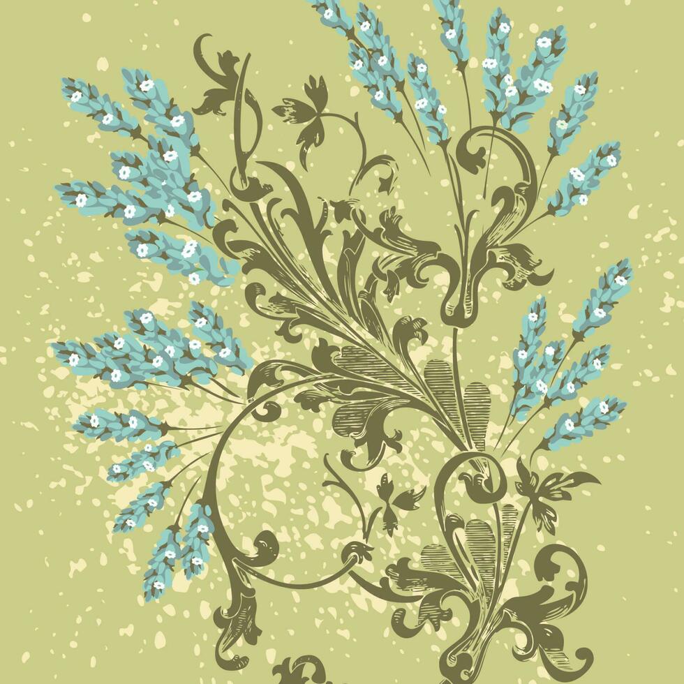 Hand drawn lavender flowers on green, abstract floral pattern cover design. Blossom greenery branches, trendy artistic background. Graphic vector illustration wedding, poster, greeting card, magazine