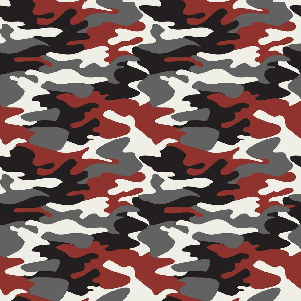 Camouflage pattern background seamless vector illustration. Classic clothing style masking camo repeat print. Red black gray white colors forest texture