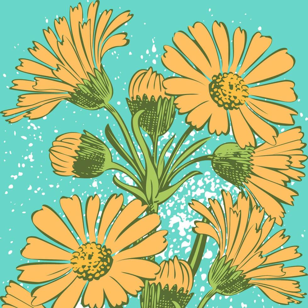 Attractively arranged bunch of flowers.Drawn yellow Chrysanthemum flowers artistic vector illustration. Floral botanical wedding ornament trendy pattern design with watercolor spray on cyan background