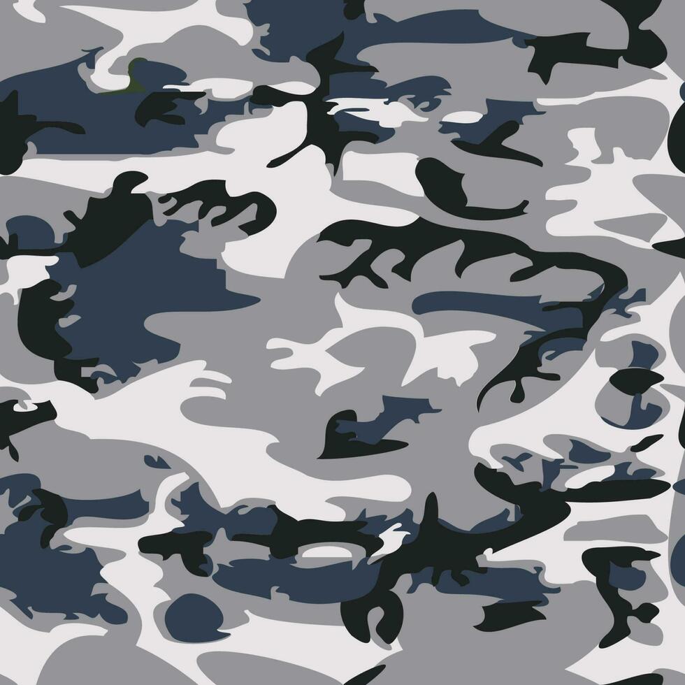 Camouflage pattern background seamless vector illustration. Classic clothing style masking camo repeat print. Gray black white colors forest winter texture