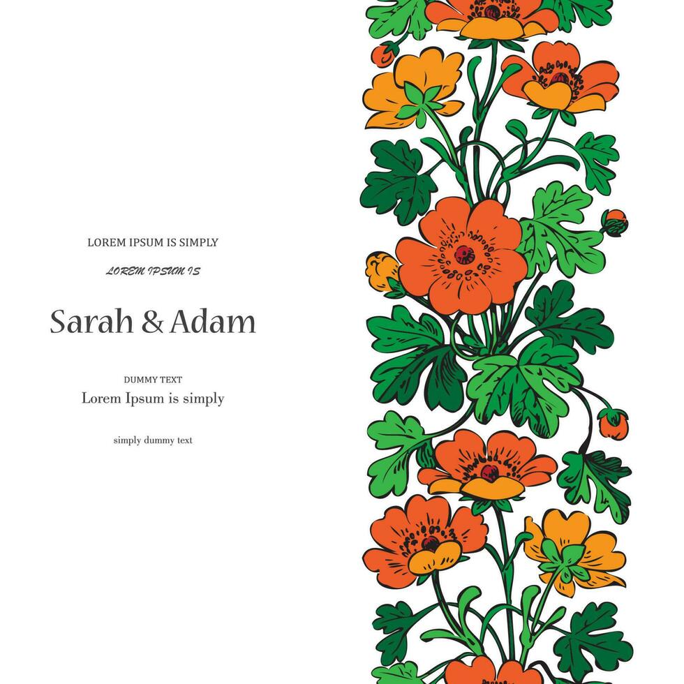 Bush of flowers on white background. Drawn red hibiscus flowers and green foliage, artistic vector illustration. Floral botanical trendy pattern border with watercolor splatter. Greeting card