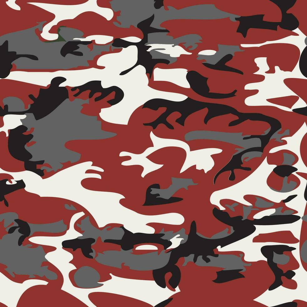 Camouflage pattern background seamless vector illustration. Classic clothing style masking camo repeat print. Red black gray white colors forest texture