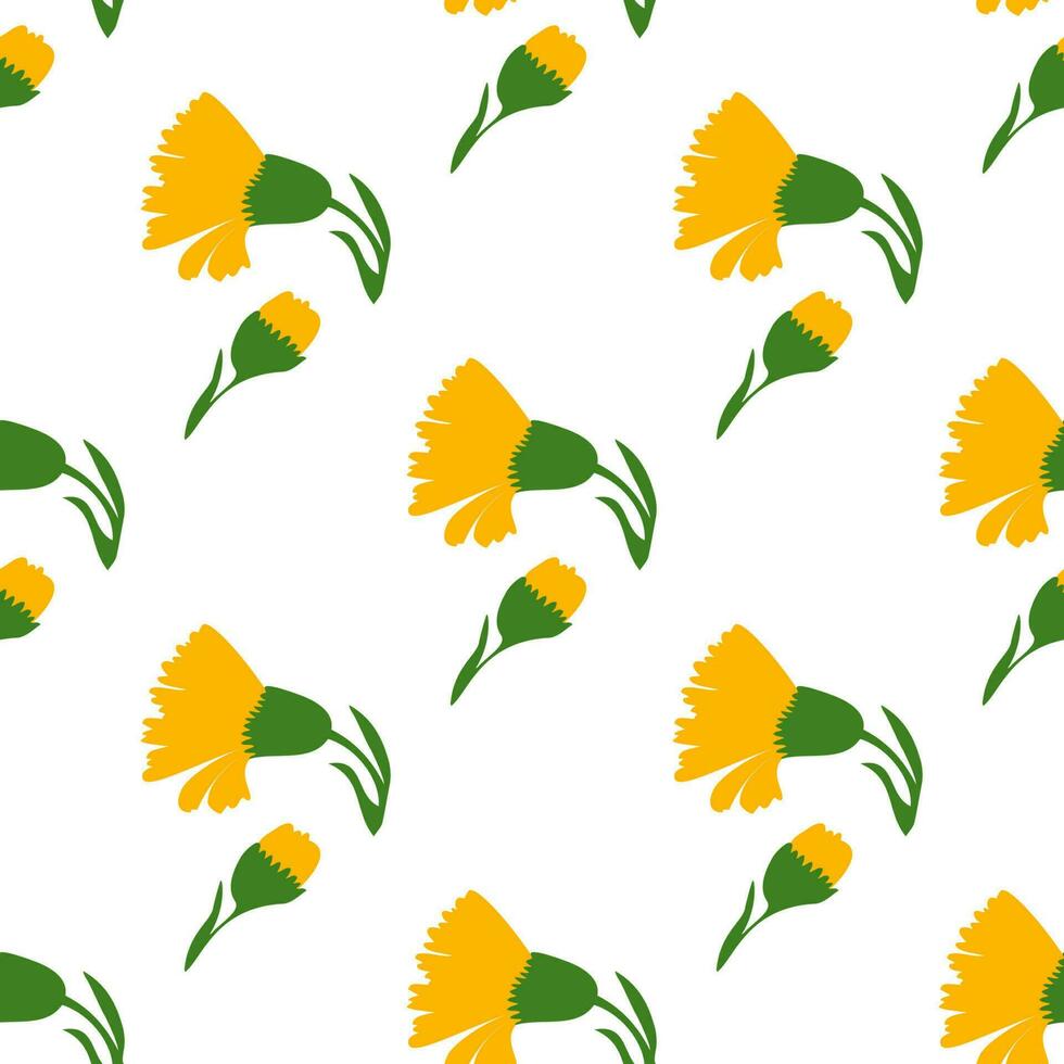 Botanical plant flowers dandelions seamless pattern vector illustration. Daisy branch with yellow flower on white background. Graphic design for greeting, banner, holiday, celebration, fashion, cover