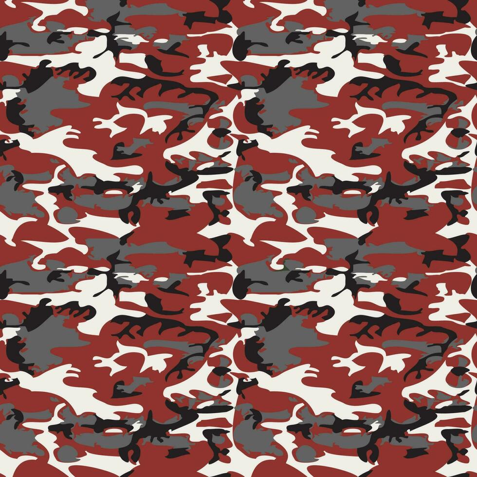 Camouflage pattern background seamless vector illustration. Classic clothing style masking camo repeat print. Red black gray white colors forest texture