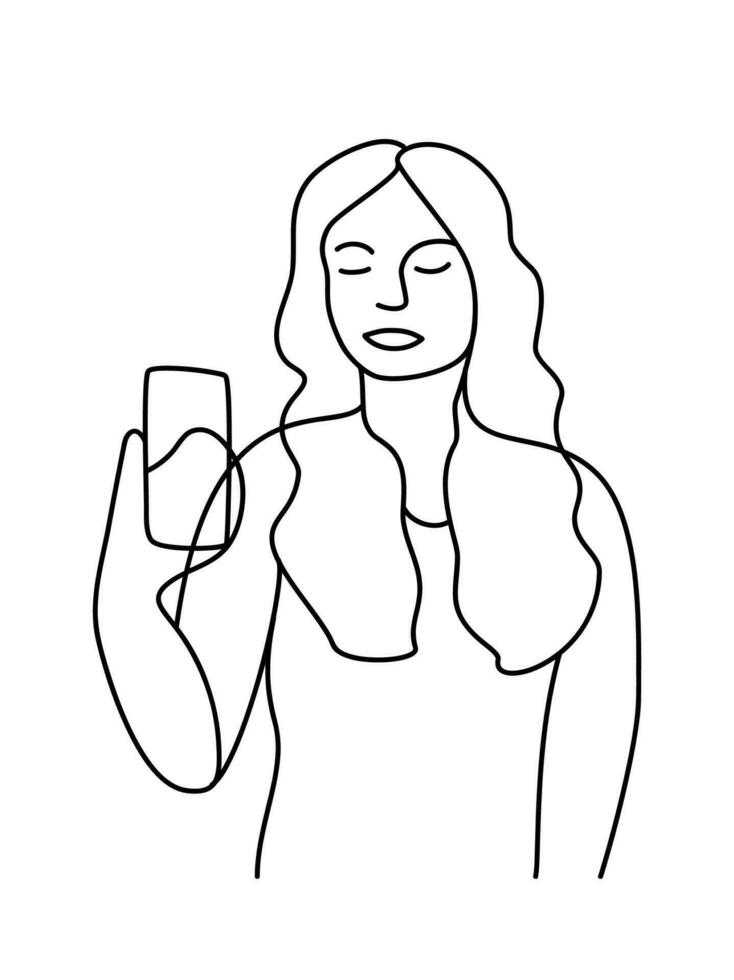 Minimalist hand drawn female vector portrait in modern abstract one line drawing graphic style. Decor print, wall art, creative design social media. Trendy template woman speaks on the phone on white
