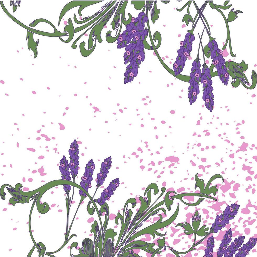 Hand drawn lavender flowers on white, abstract floral pattern cover design. Blossom greenery branches, trendy artistic background. Graphic vector illustration wedding, poster, greeting card, magazine
