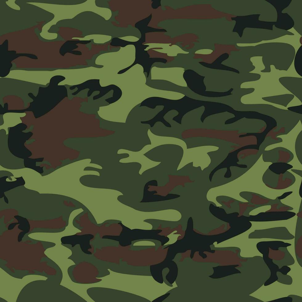 Camouflage pattern background seamless vector illustration. Classic clothing style masking camo repeat print. Green brown black olive colors forest texture