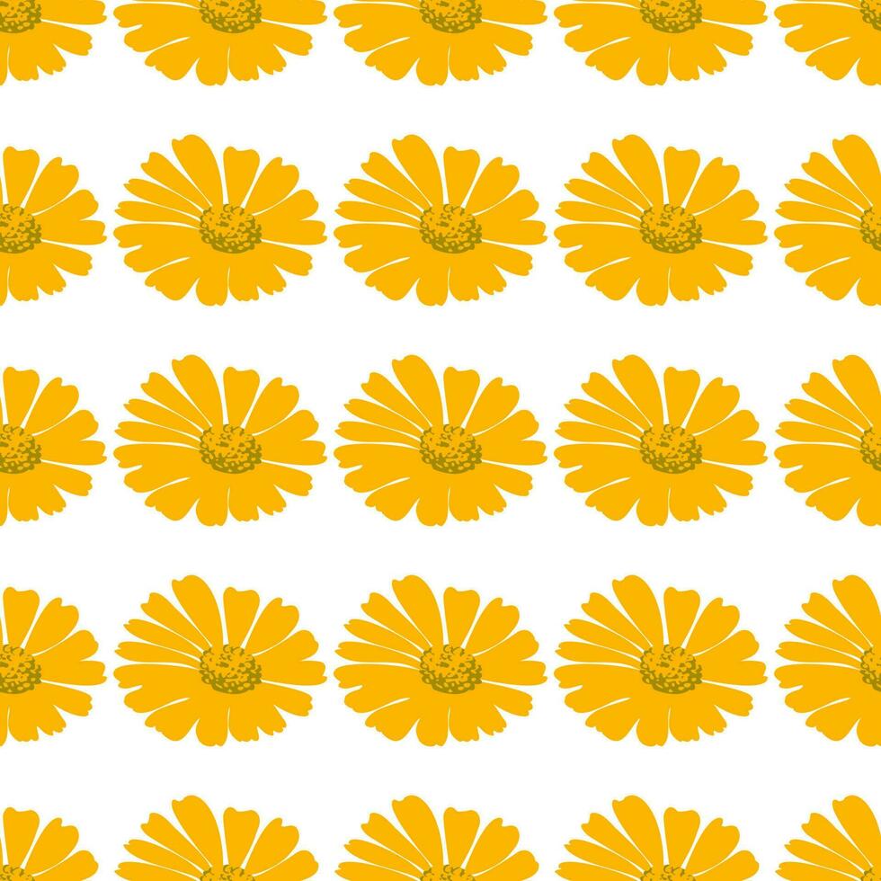 Botanical flowers dandelions seamless pattern vector illustration. Daisy plant with yellow flower on white background. Graphic design for greeting, banner, holiday, celebration, fashion, cover, art