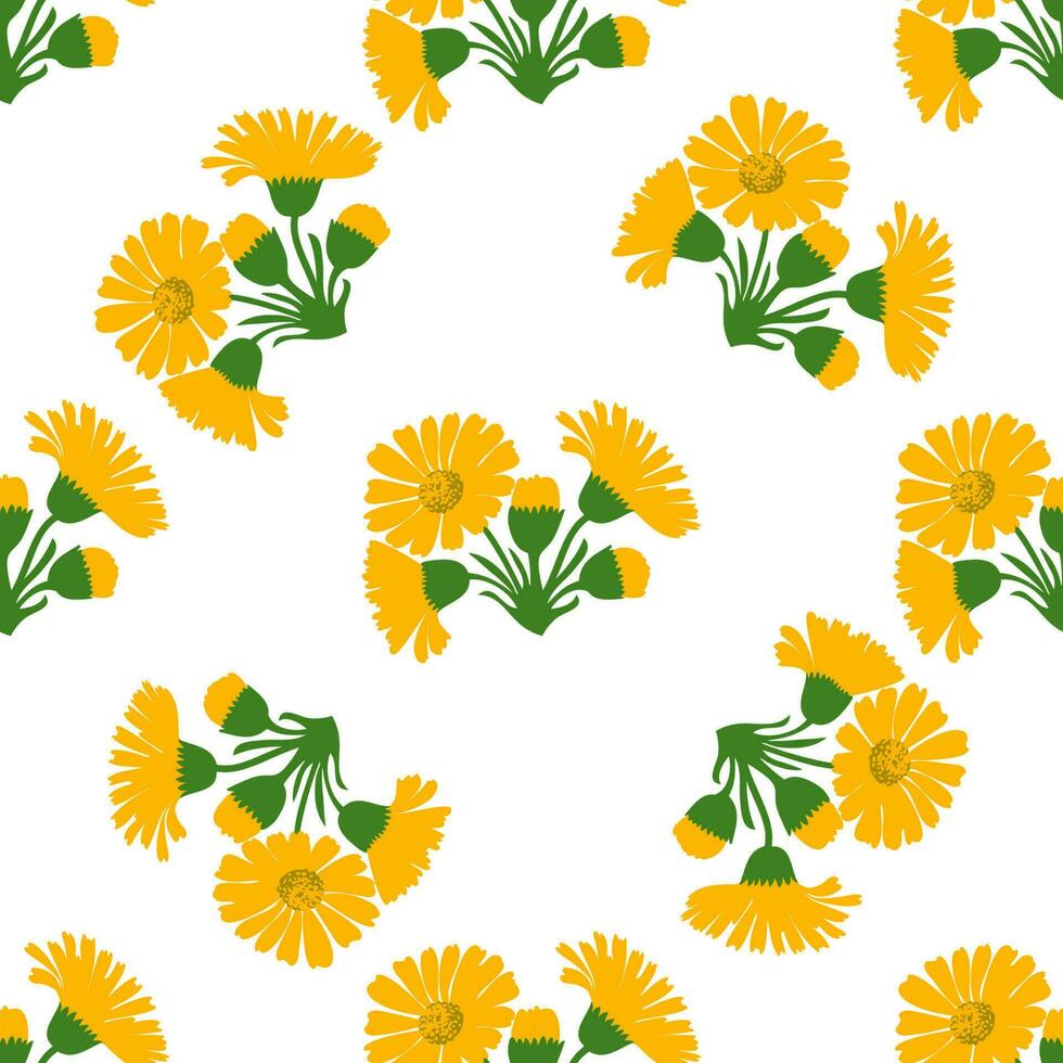 Botanical plant flowers dandelions seamless pattern vector illustration. Daisy branch with yellow flower on white background. Graphic design for greeting, banner, holiday, celebration, fashion, cover