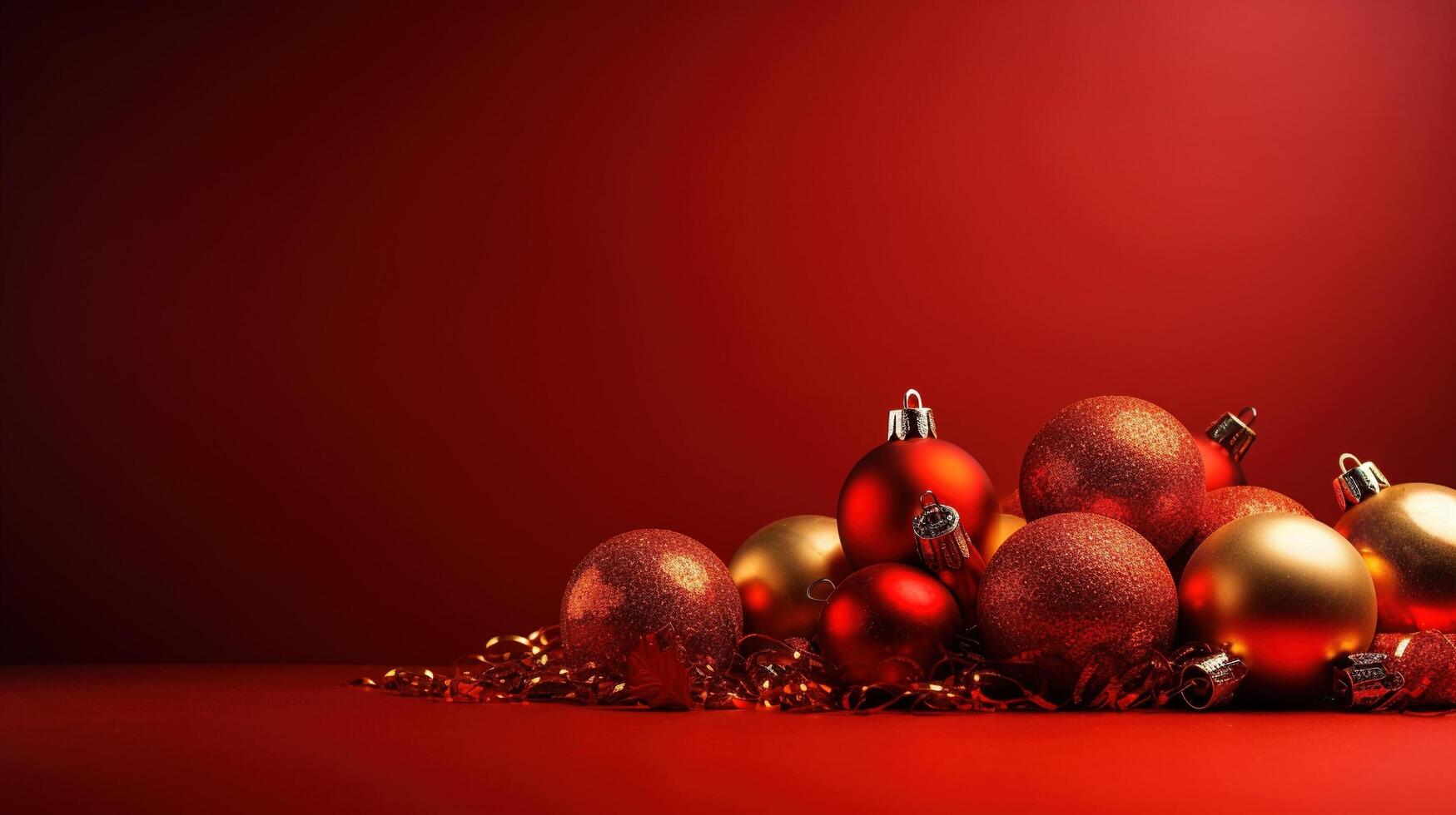 Christmas baubles on red background with copy space for your text. photo