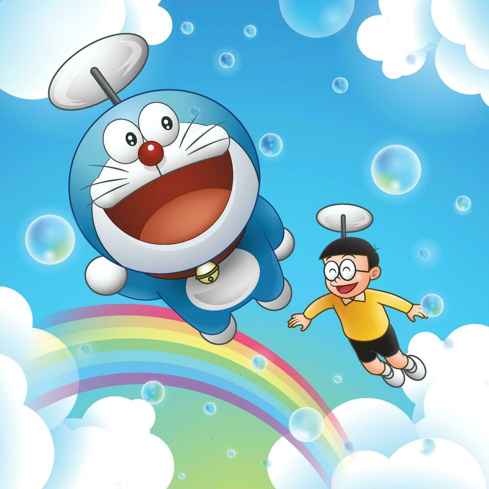 Cute Smart Robot Cat with Little Boy Flying in The Sky vector