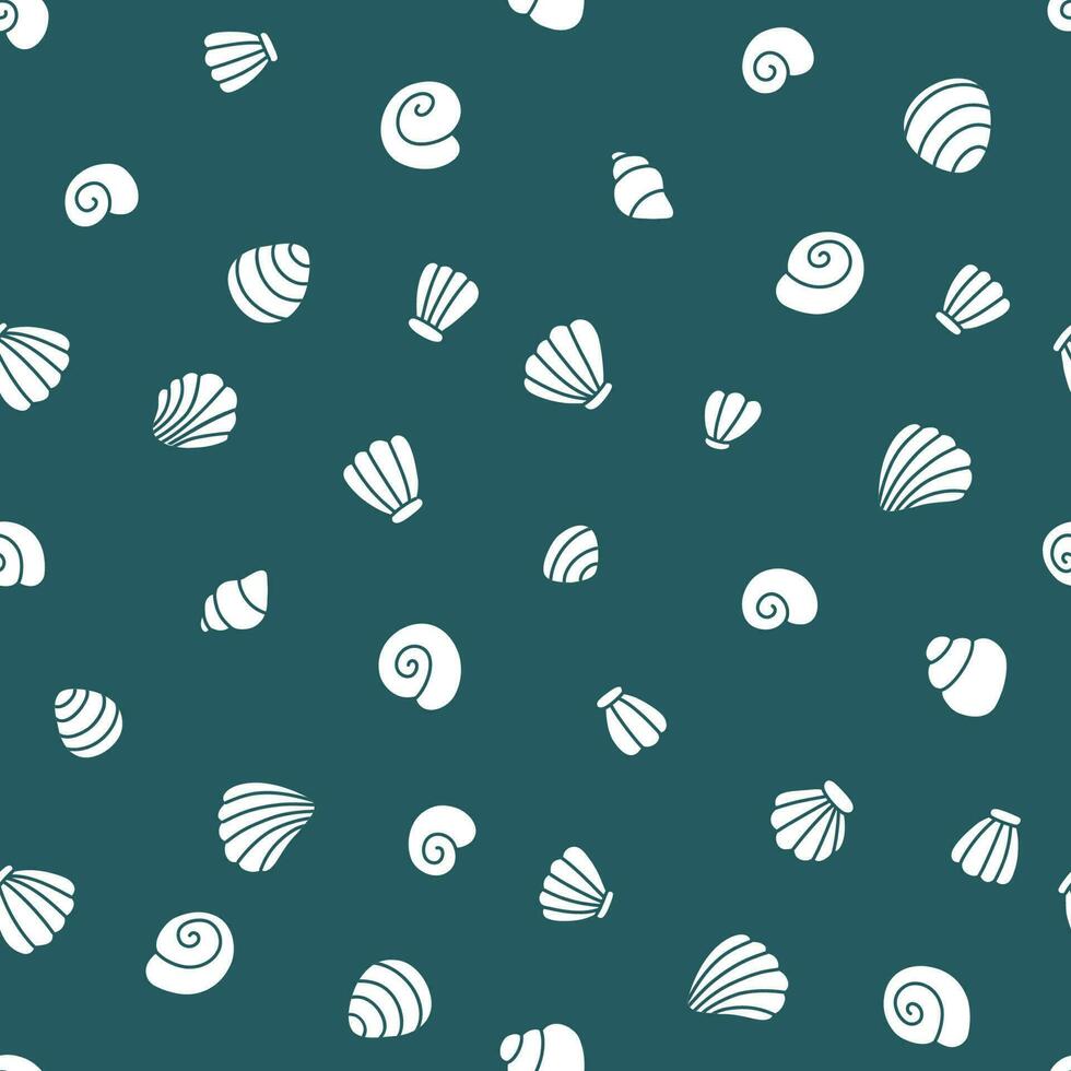 Seamless pattern with seashells on blue background. Flat vector illustration.