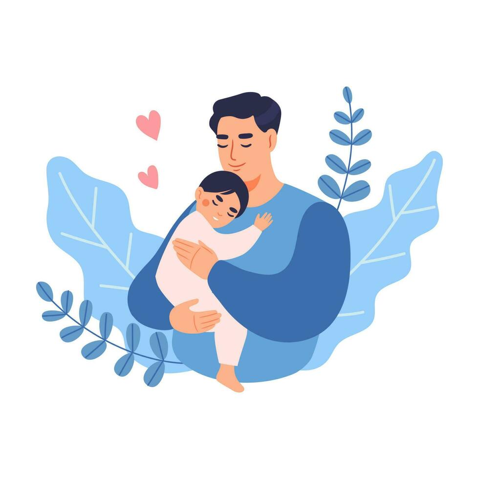 Dad holds his baby with care and love. Concept of fatherhood and family. Flat vector illustration.