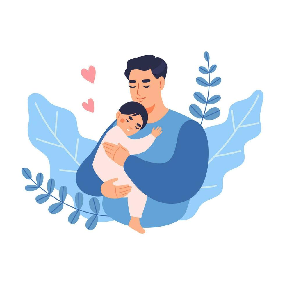 papá sostiene su bebé con cuidado y amor. concepto de paternidad y familia. plano vector ilustración.