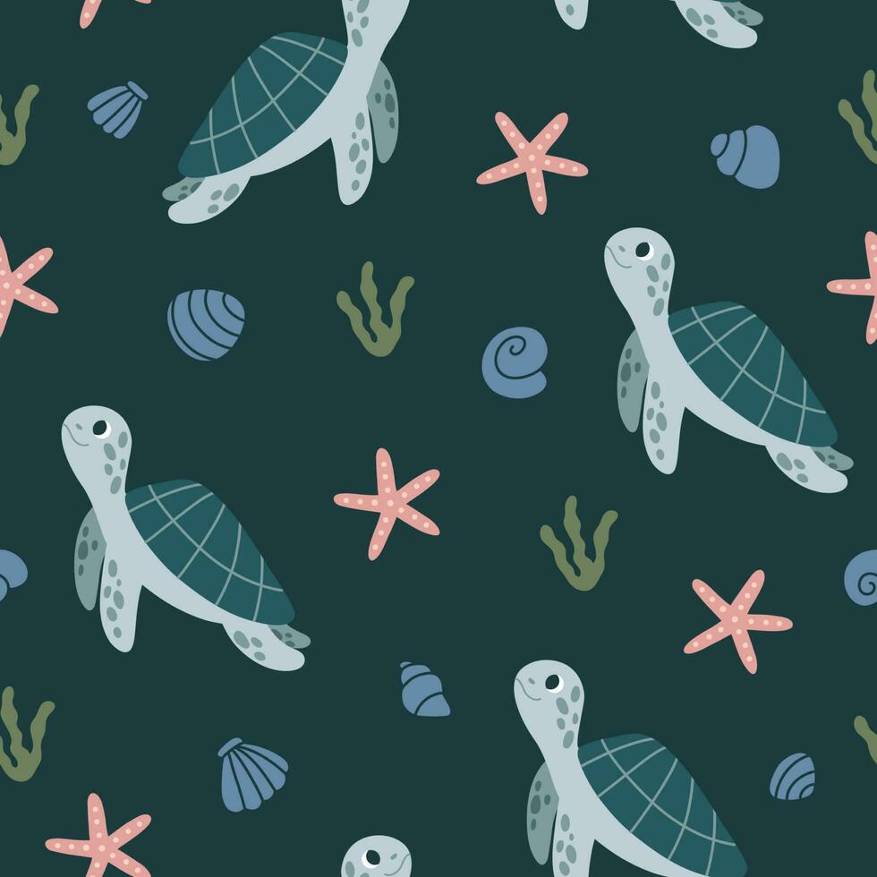 Seamless pattern with sea turtles, seashells and starfish. Flat vector illustration.