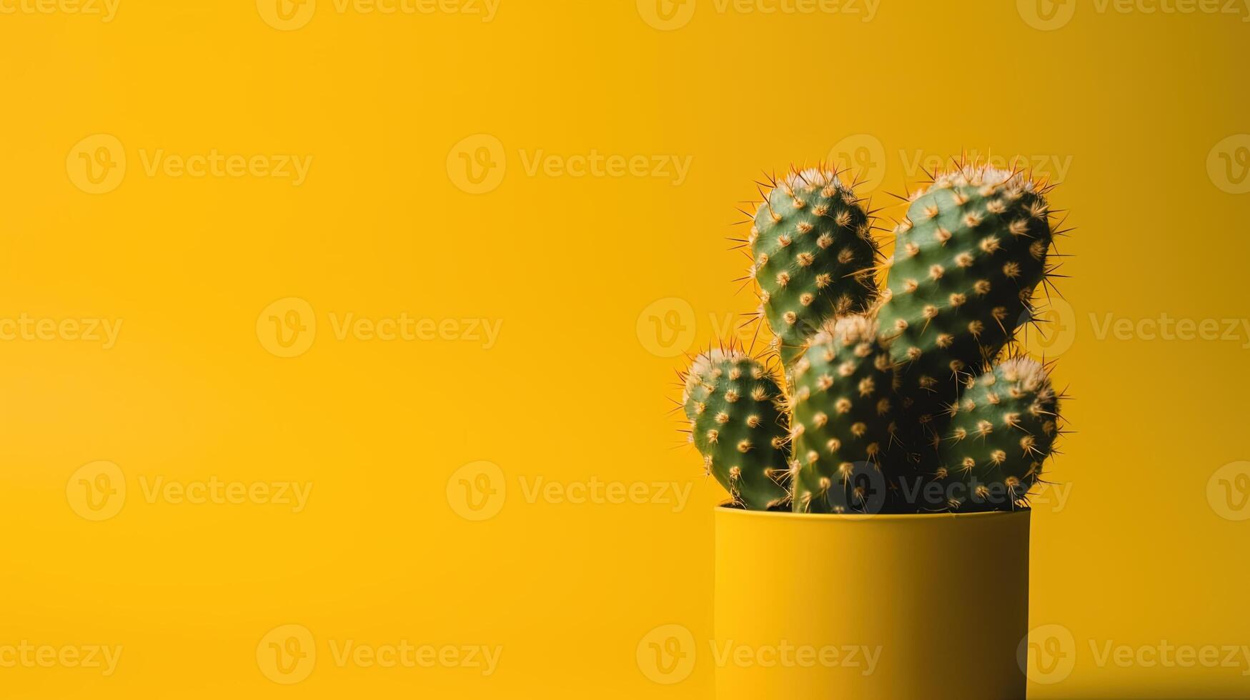 Cactus in yellow pot on yellow background with copy space. Minimal style. photo