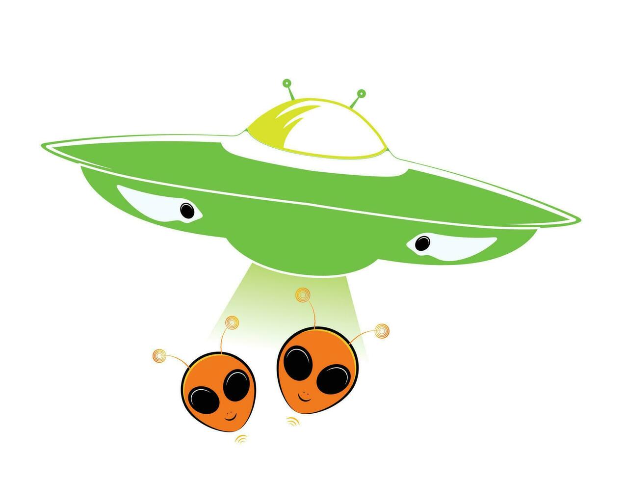 A cartoon of an alien spaceship with two faces and two orange aliens is in the center. vector