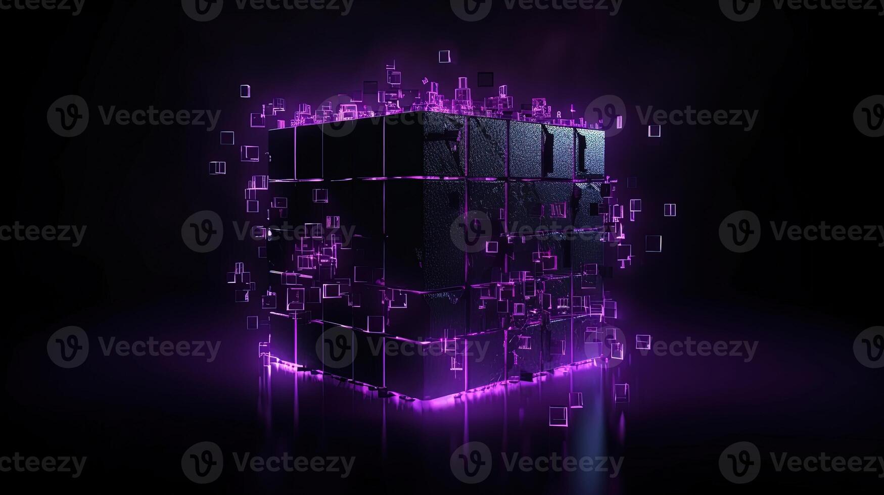 3d rendering of black cubes with purple neon lights on black background. photo