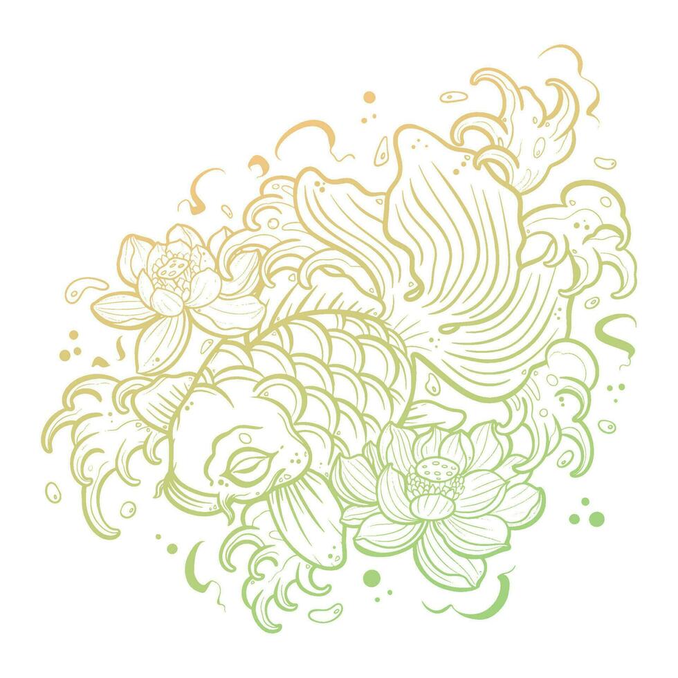 Outer lines, carp, water waves and lotus flowers. Japanese or Asian style tattoo. vector