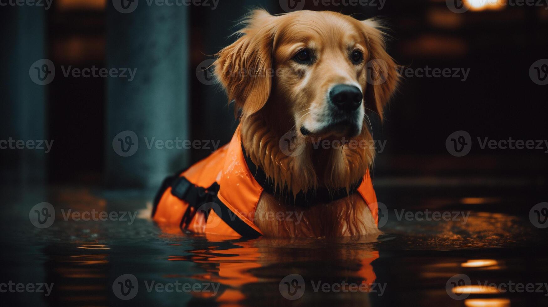 cute golden retriever swimming in swimming pool with orange life jacket. photo