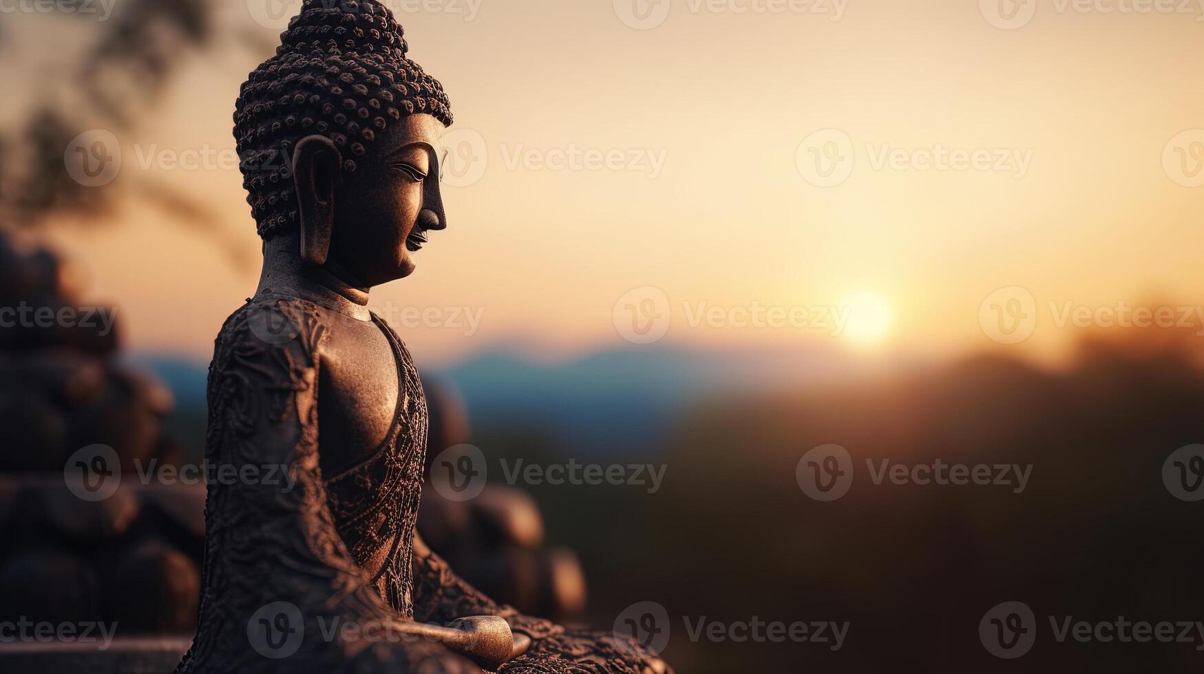 Buddha statue on sunset background. photo