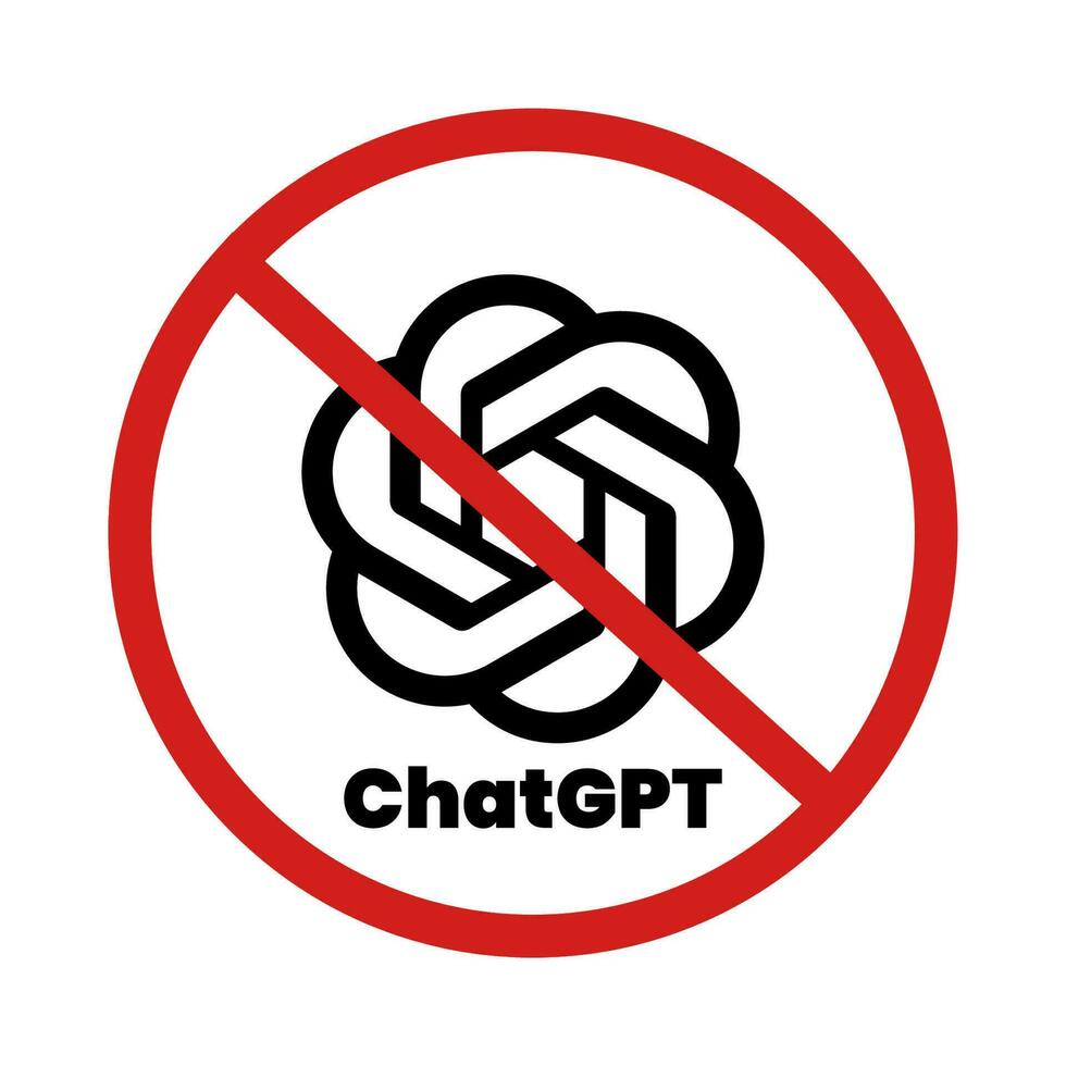 Do not use ChatGPT tools. Artificial Intelegent is not allowed. Anti Ai sign. No AI-Generated Content. Protest against AI. Vector illustration. University, school rule