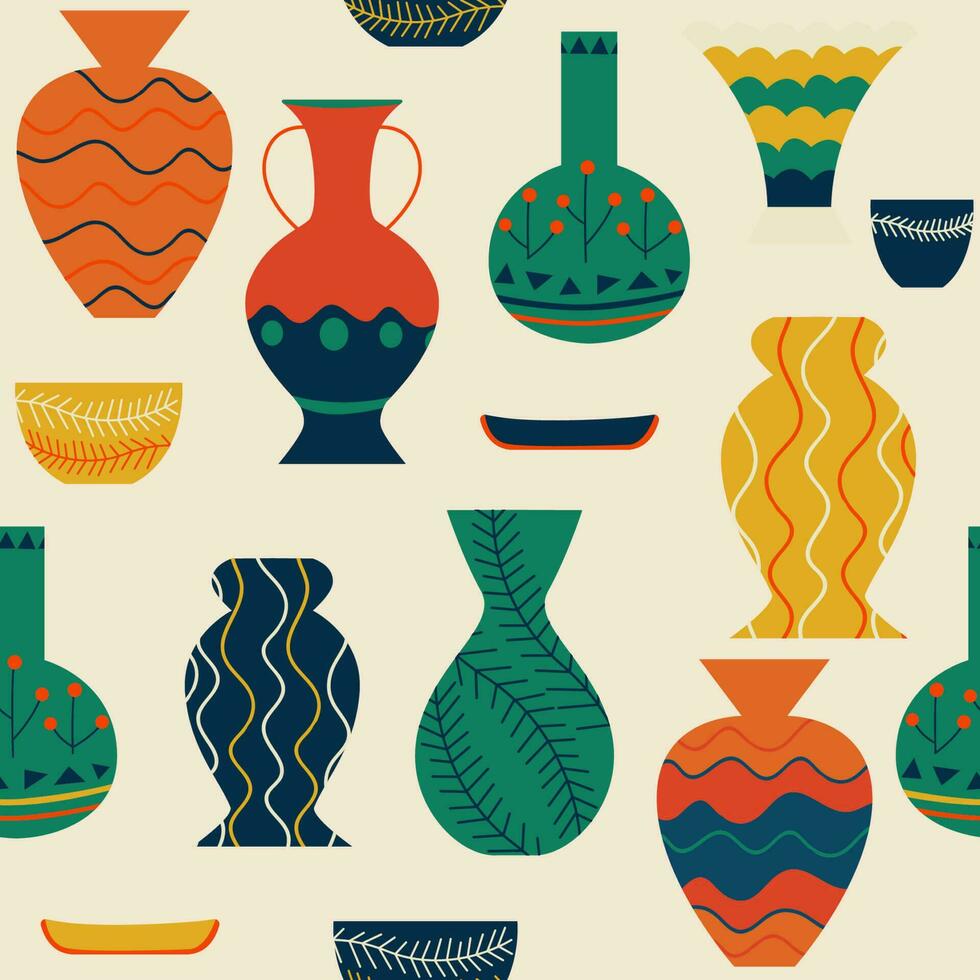 Seamless pattern with ancient vases. Ancient Greek pottery elements, vases, amphoras. Hipster trendy style background. Decor textile, wrapping paper wallpaper vector print