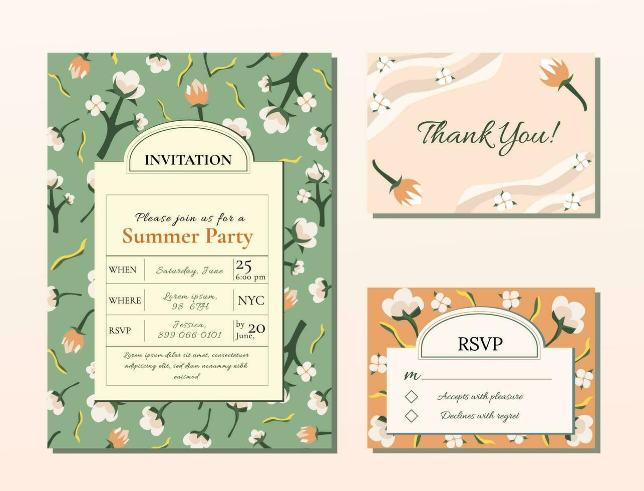 Vintage invitation template set. Old classic style. Design for wedding, greeting card, advertisement, label, poster or banner. Thank you card. RSVP vector