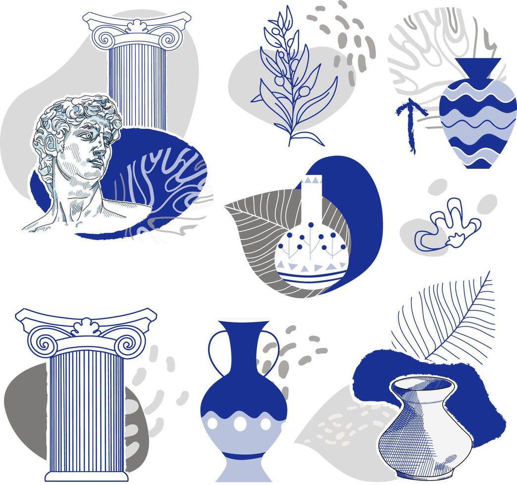 Creative elements for collage with abstract geometric shapes and vase silhouettes. Roman and Greek vector illustration. Art posters for the exhibition,  magazine or cover. Nostalgia collage creator