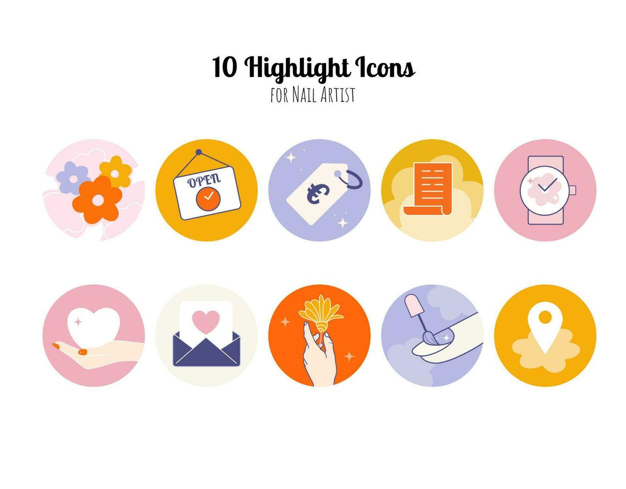 Highlight icons for nail artist blog. Nail polish salon icon set. Included the icons - finger, hand, open hours, client reviews, location, nail art, prices. Elegant collection for manicure master vector