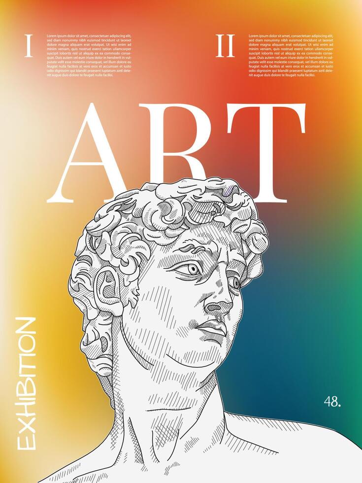 Art posters for the exhibition,  magazine or cover, vector template with David sculpture, gradient background, modern ancient Greek, Roman style. Art of sculpture. Antique Nostalgia banner