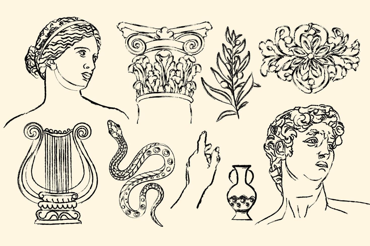 Ancient sketch drawings - statues, bust, pillar, amphora, column. Different objects. Mythical, ancient Greek or roman style. Hand drawn sculpture illustration. Classic statues. Collage art elements vector