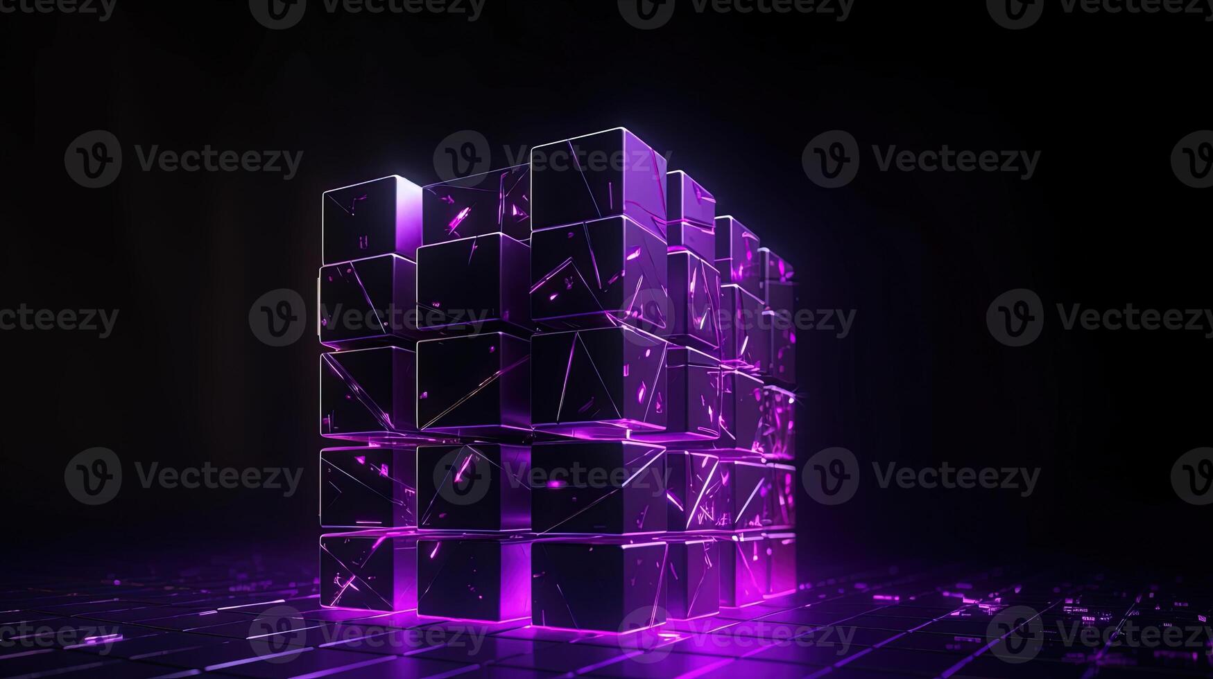 3d rendering of black cubes with purple neon lights on black background. photo