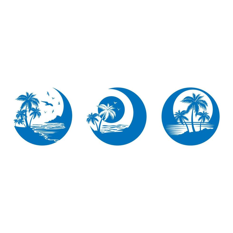 conjunto de playa logo silueta diseño vector ilustración. playa circulo logo con palma árbol un pájaro