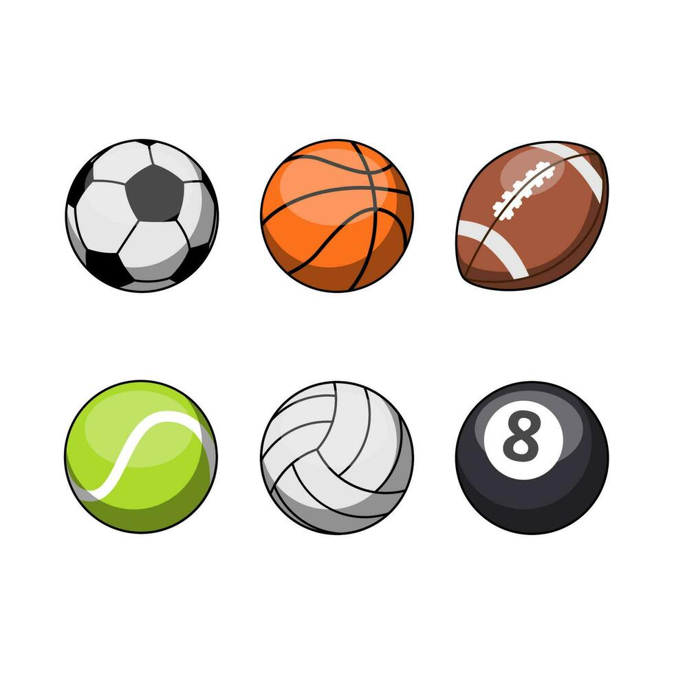 conjunto de pelotas vector ilustración plano diseño. fútbol, baloncesto, fútbol, béisbol, vóleibol y billar