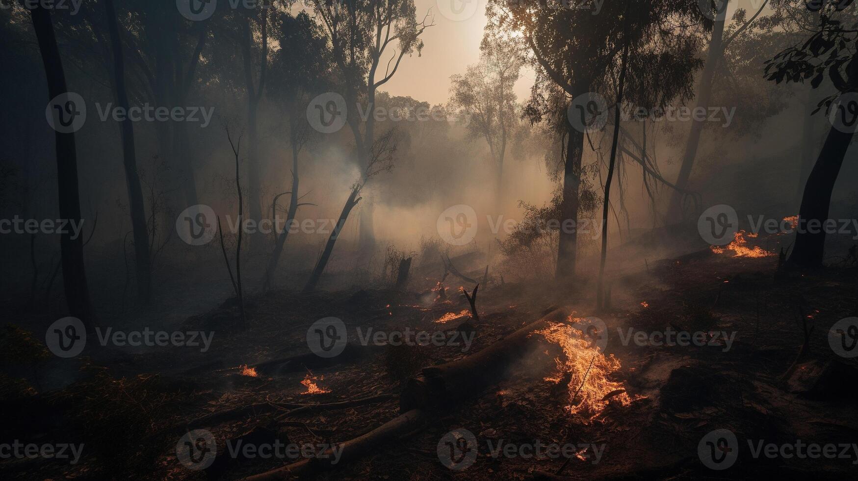 Forest fire in the forest. The concept of disaster and ecology,Burning dry grass and trees in the forest. photo