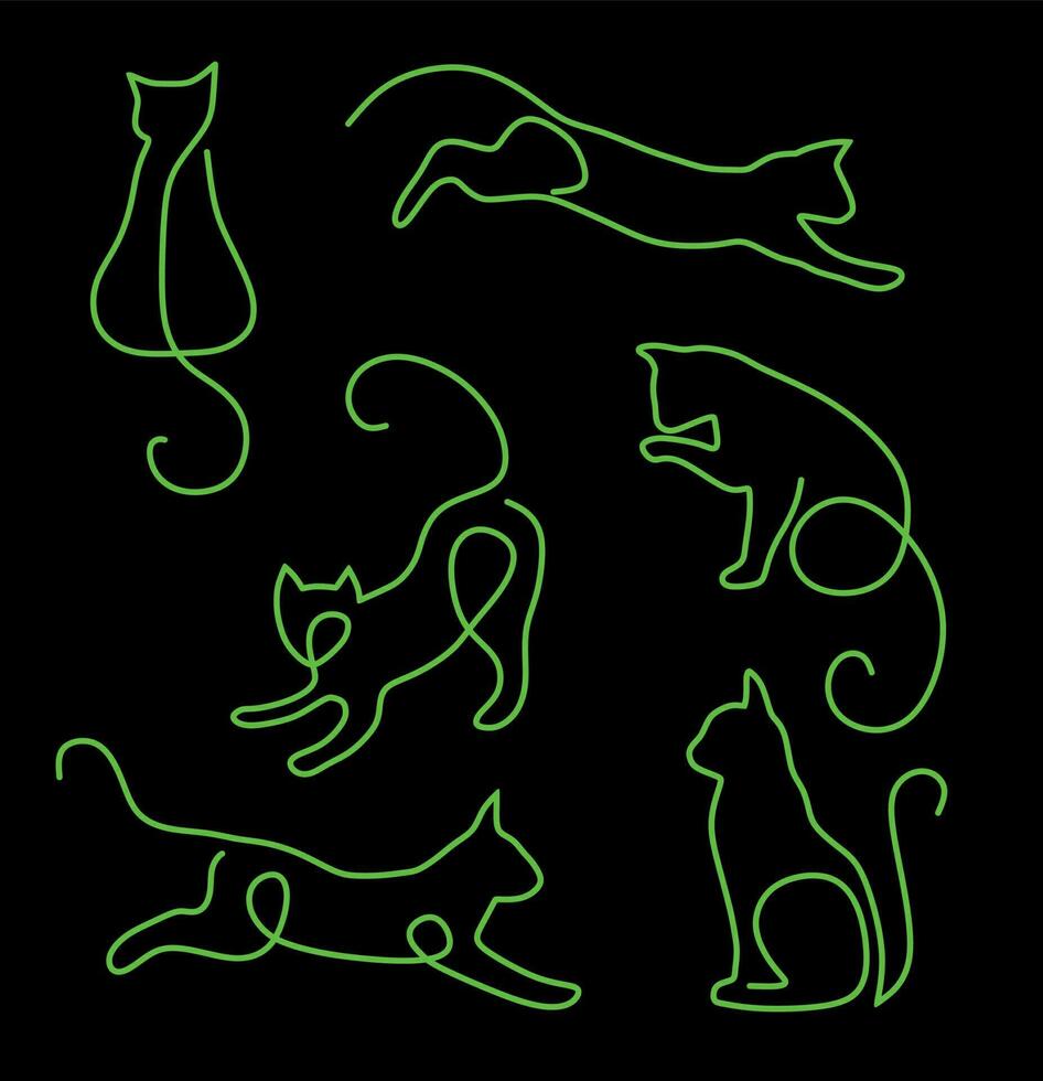 Set Of Simple Neon Green Line Cats On Black Background vector