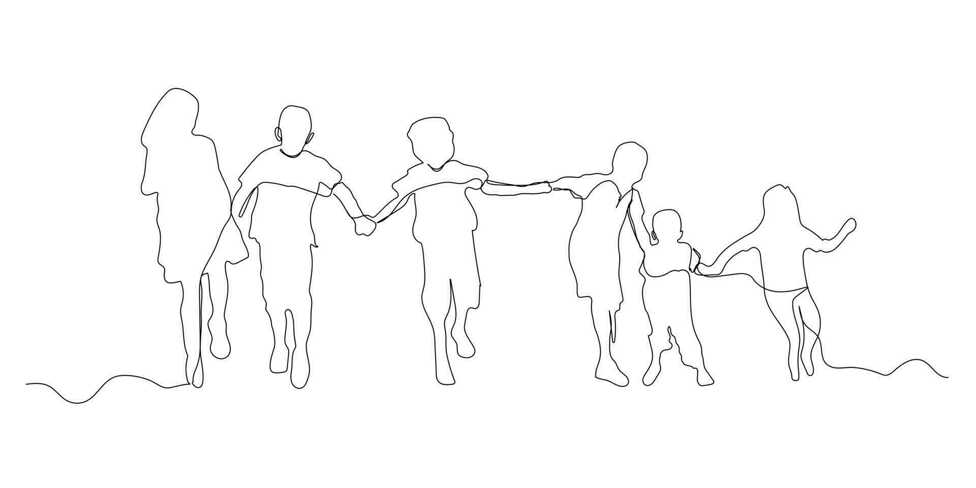 Continuous line drawing of happy little boys and girls. Boy and girl are enjoying line art design.  kids are enjoying line art vector