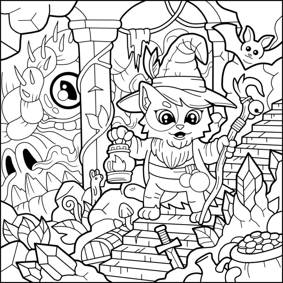 cute cartoon cat wizard coloring book vector