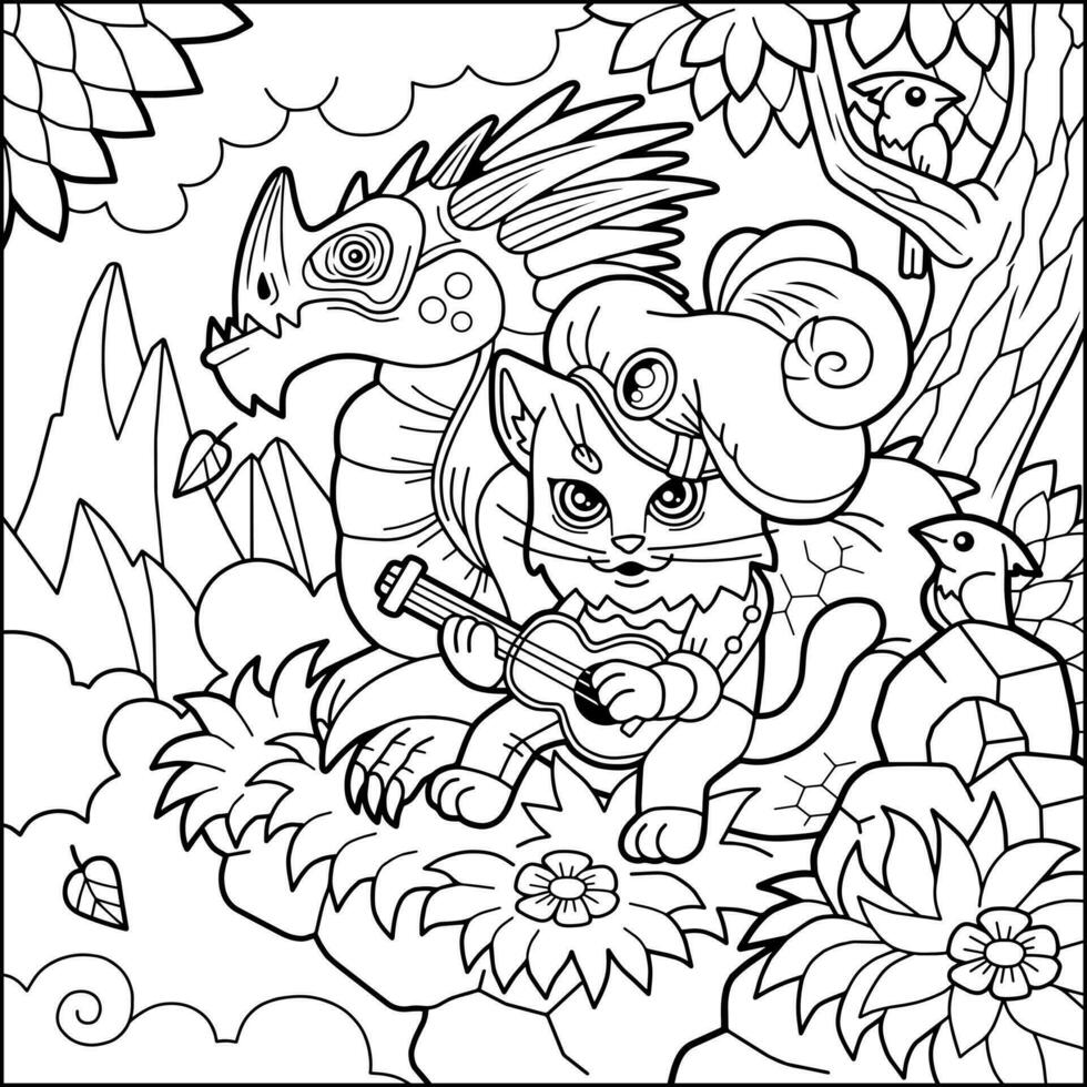 cute cat singer and dragon coloring book vector