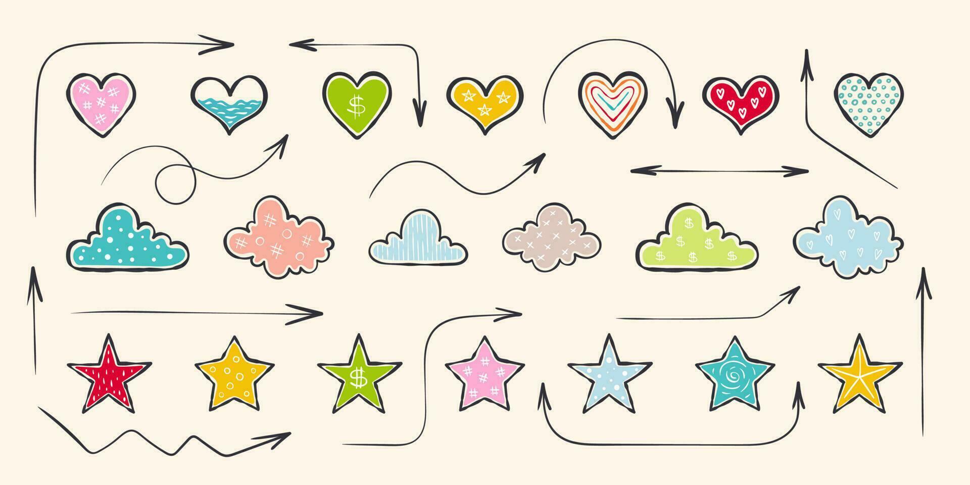 Hand-drawn heart and arrow icons for design. Casual doodles icons and objects. Vector scalable graphics