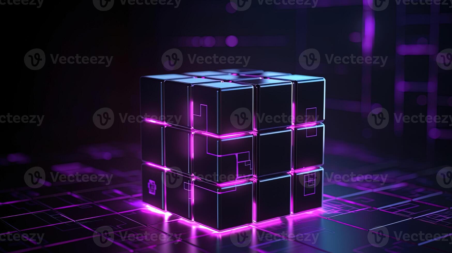 3d rendering of black cubes with purple neon lights on black background. photo