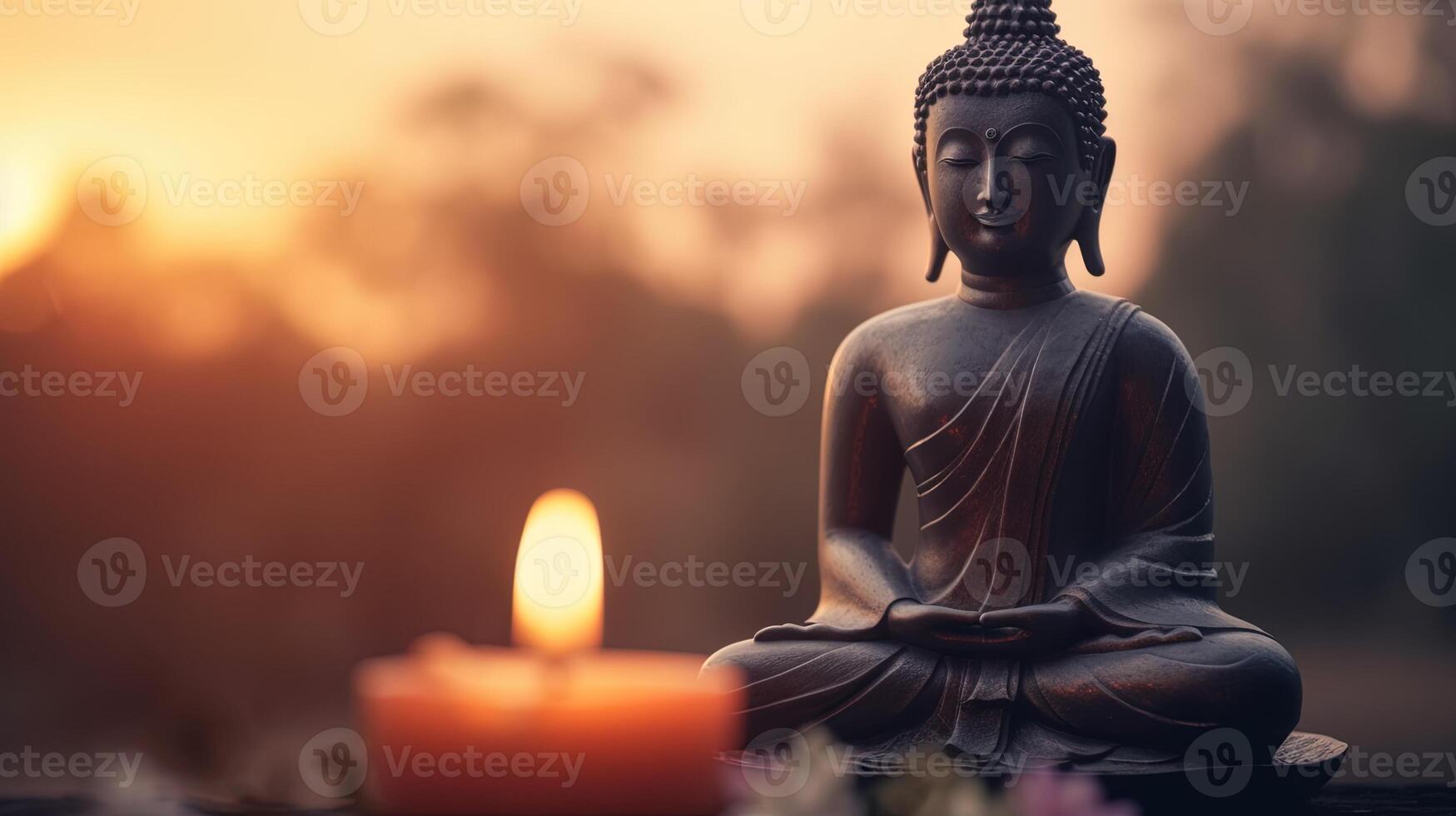 Buddha statue on sunset background. photo