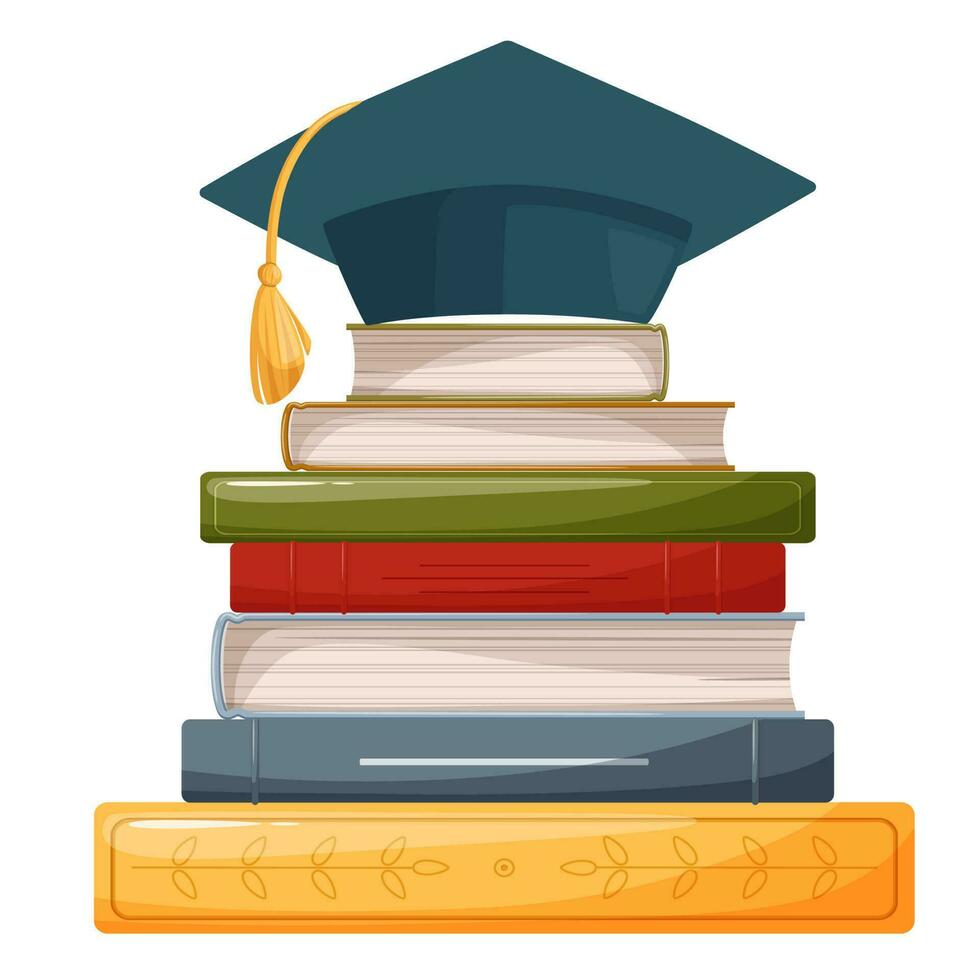 Graduation cap on book stack. Huge pile of books and encyclopedias, education and success concept, university library, academic and school knowledge cartoon isolated on white illustration. vector