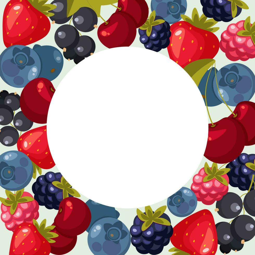 template, frame of raspberries, blackberries, blueberries, currants, blueberries, strawberries. vector illustration. free white circle for text