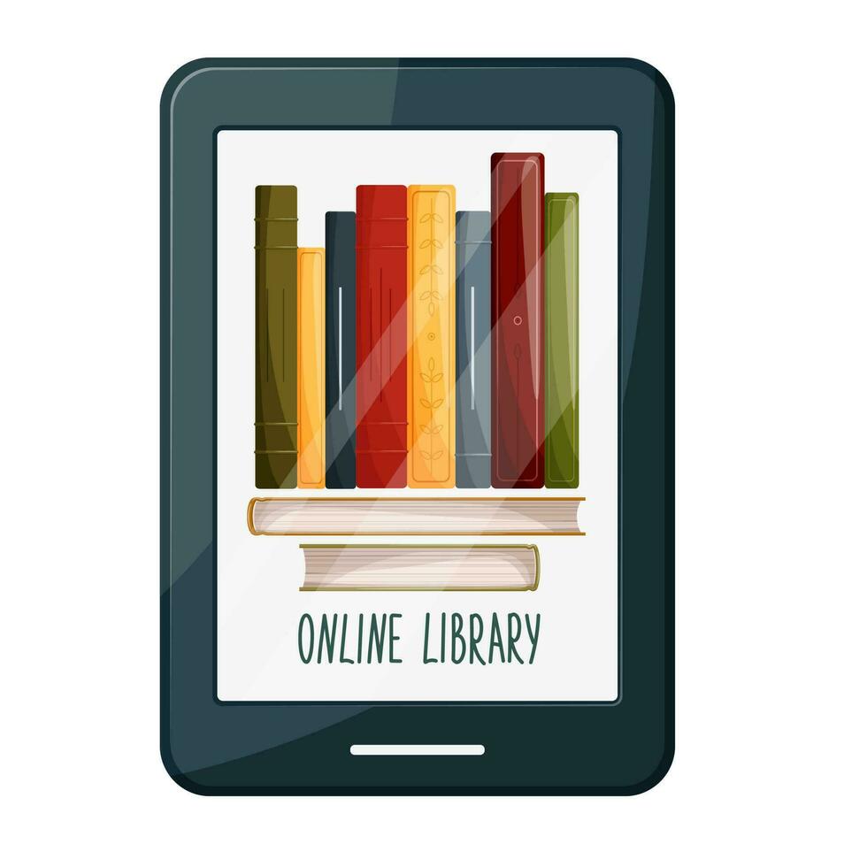 The concept of reading digital e-books online. Digital bookstore phone web apps, online library concept, cartoon style e-book, online library flat illustration, remote online library concept. vector