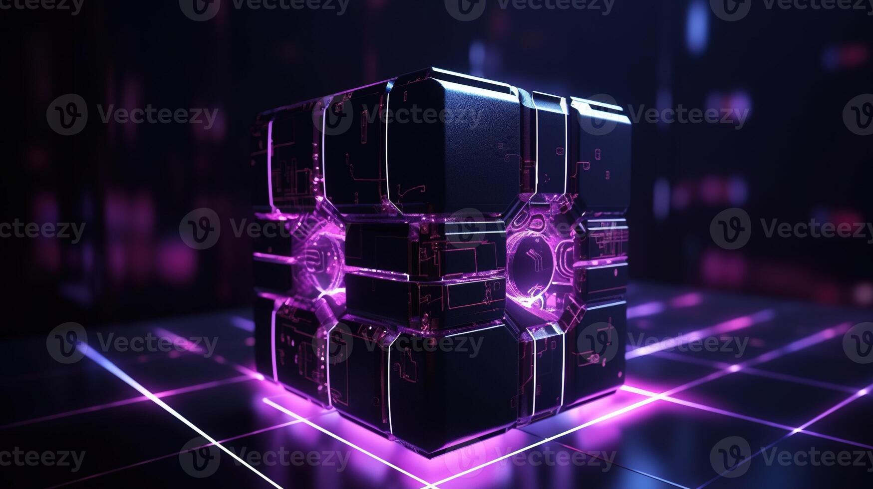 3d rendering of black cubes with purple neon lights on black background. photo