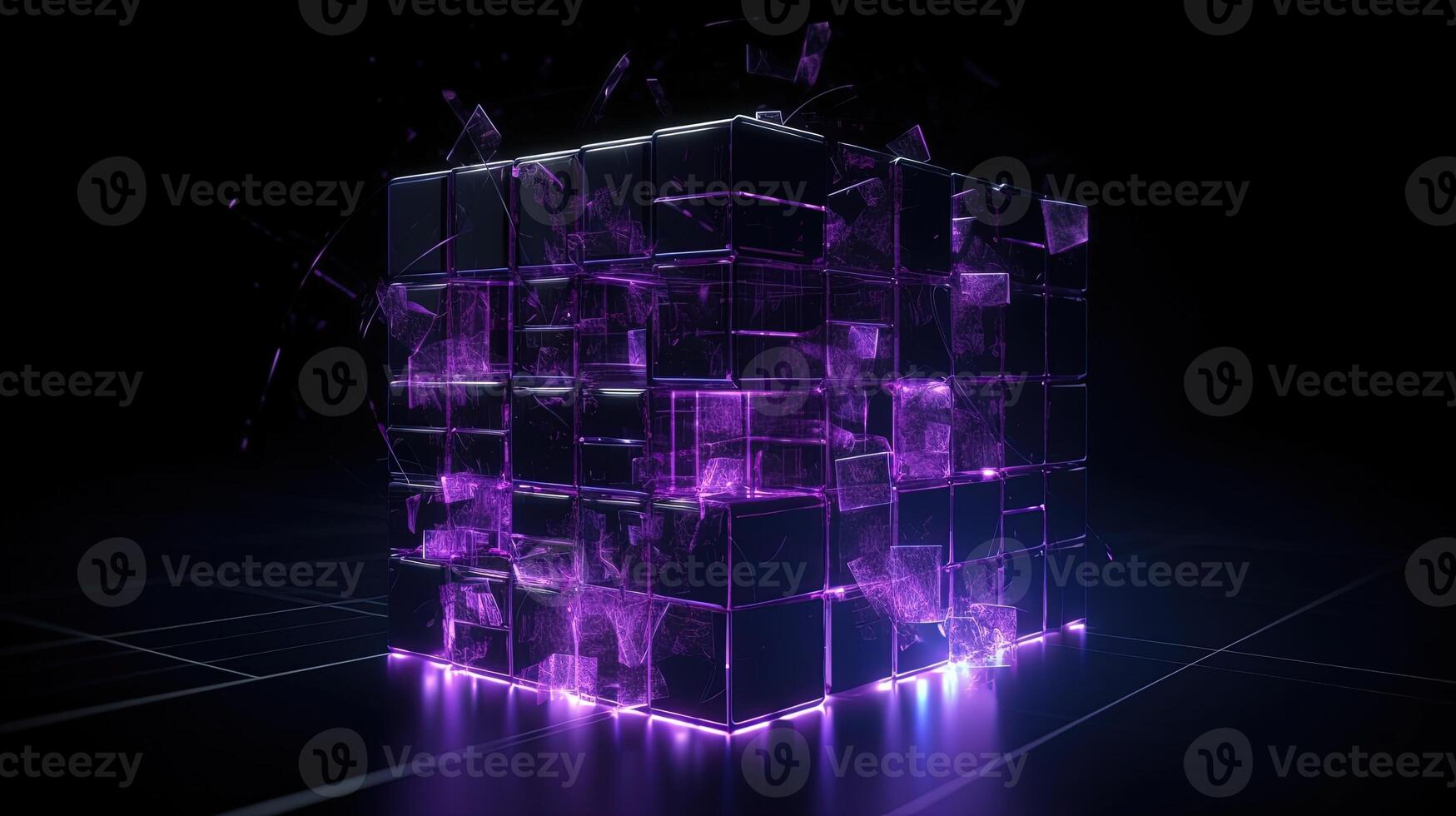 3d rendering of black cubes with purple neon lights on black background. photo