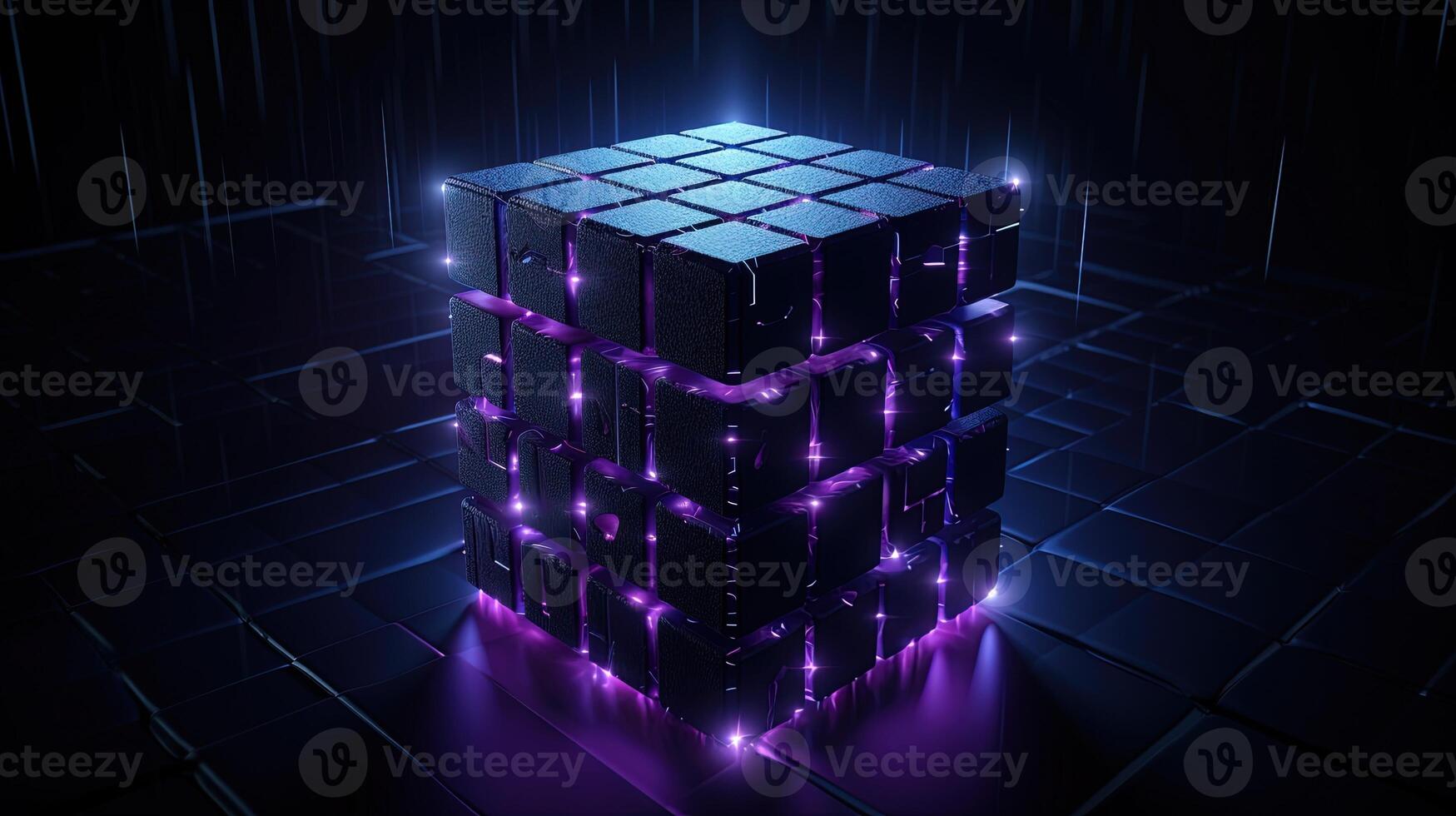 3d rendering of black cubes with purple neon lights on black background. photo