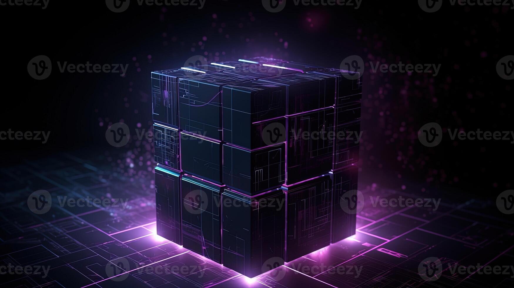 3d rendering of black cubes with purple neon lights on black background. photo